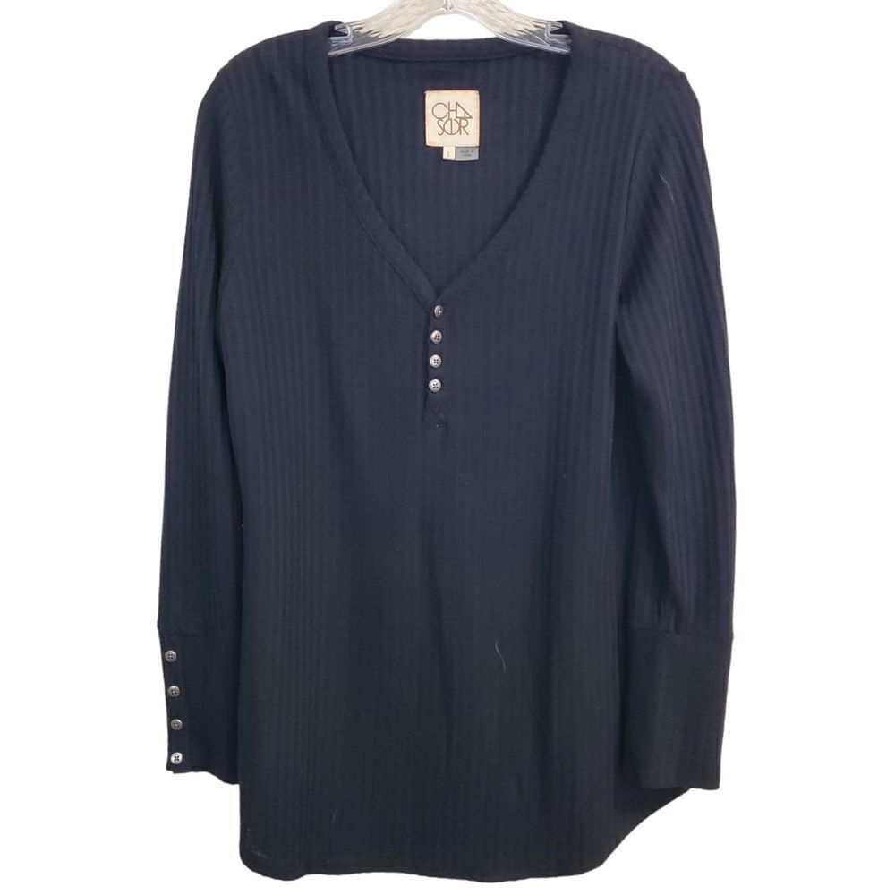 Chaser Thermal Long Sleeve Tee Womens‎ Size L V-Neck Button Cuff Black Comfy